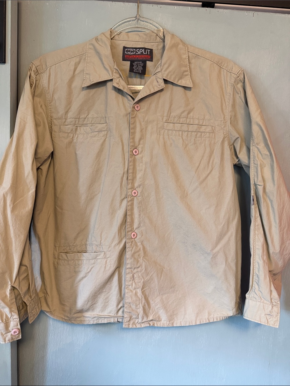 Split Vintage Men's Lightweight Khaki Button-Up Shirt Jacket
